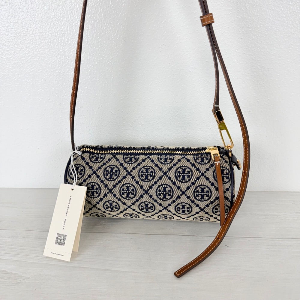 NWT‎ Tory Burch T Monogram Cylinder Shoulder Crossbody Bag Navy Jacquard